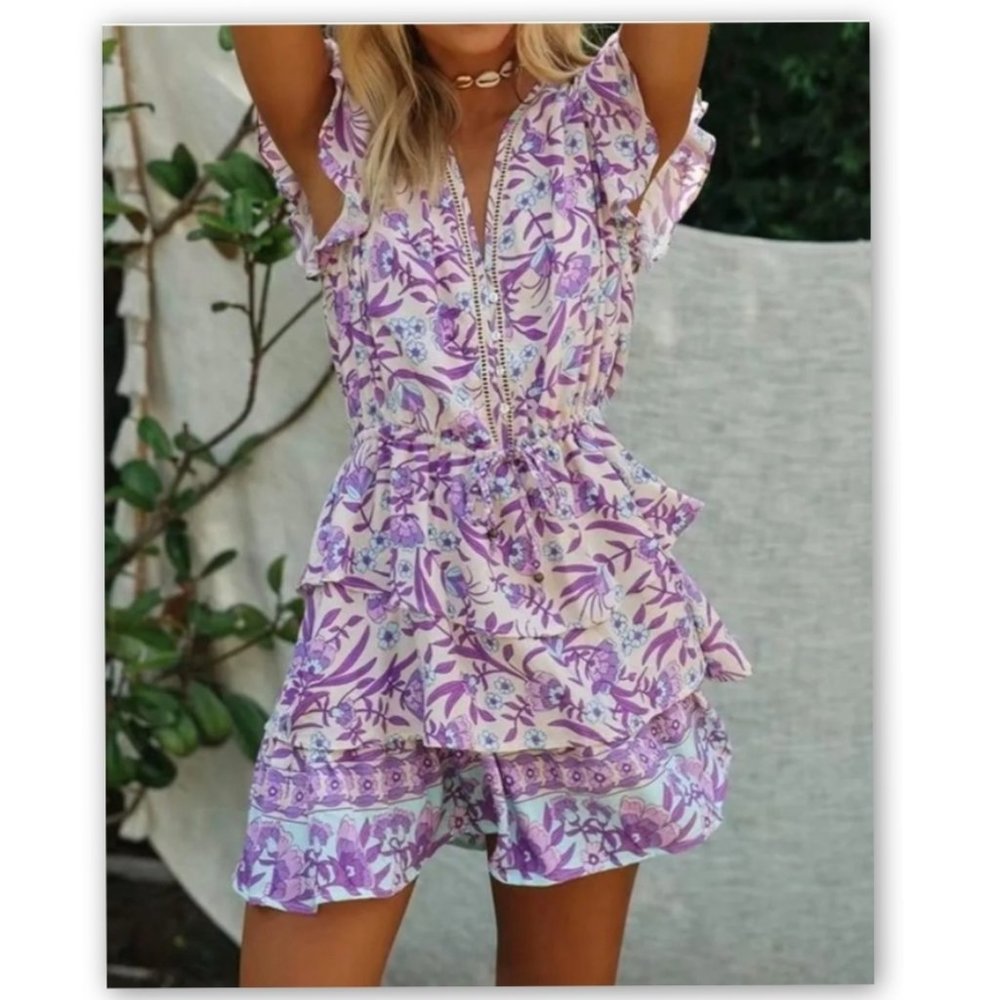 Boho Beach Hut Lilac Purple Floral Print Mini Dress Coverup Size S, NEW